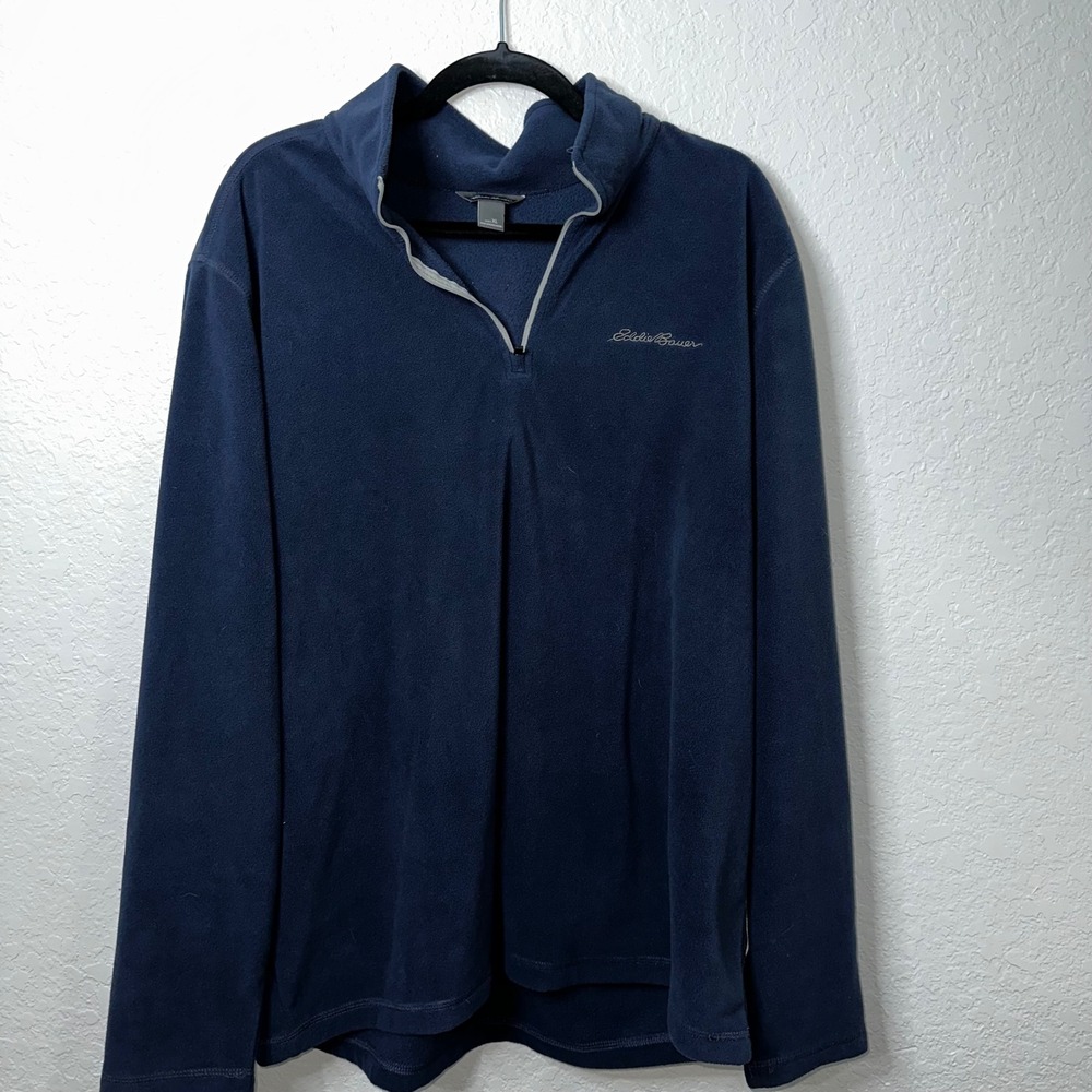 Eddie Bauer Mens XL Navy Blue Quarter Zip Fleece Pullover Mock Neck Sweater